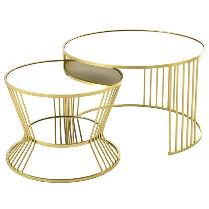 GOLD METAL FRAME TABLE SET 2 WITH MIRROR TOP D80X51 D60X45 CM