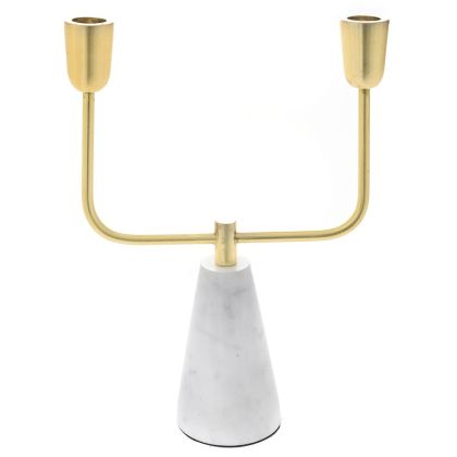 GOLDEN METAL DOUBLE CANDLE HOLDER 22X30CM ON STONE MARBLE STAND