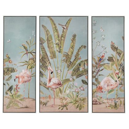 Маслена картина триптих с фламинго 42Χ122+62Χ122+42Χ122 CM със сребриста рамка