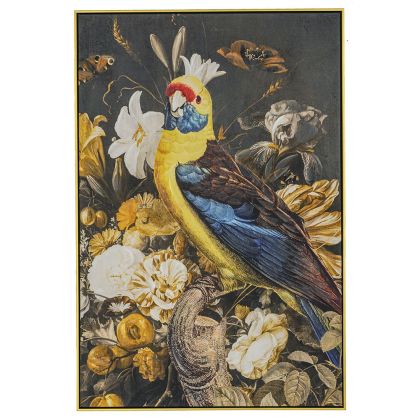 OIL PAINTING ON TOP OF PRINTED CANVAS WITH PARROT 82X122 CM WITH GOLDEN FRAME