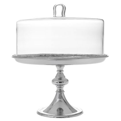 SILVER JEWELLED ALUMINUM CAKE STAND WITH GLASS DOME D 25X30 CM