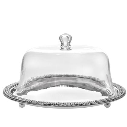 SILVER JEWELLED ALUMINUM CAKE TRAY WITH GLASS DOME D25X30 CM
