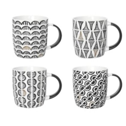 WHITE CERAMIC CUP IN WITH BLACK DESIGN 4 COLOURS AND DESIGNS 350ml