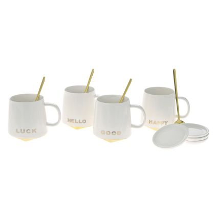 WHITE CERAMIC MUG WITH GOLD DETAILS SPOON AND LID IN 4 DESIGNS 7,5X9CM 350ml