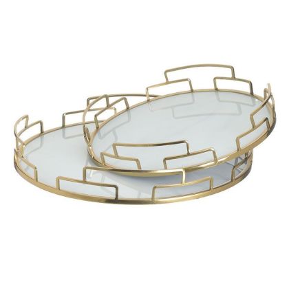 S/2 METAL TRAY GOLDEN/WHITE/MARBLE LOOK Φ38Χ5