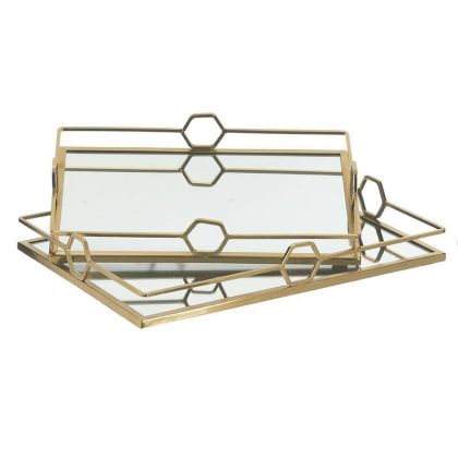 S/2 METAL TRAY WITH MIRROR GOLDEN 35X25X5