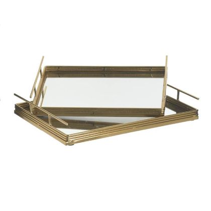 S/2 METAL TRAY WITH MIRROR GOLDEN 35X25X5