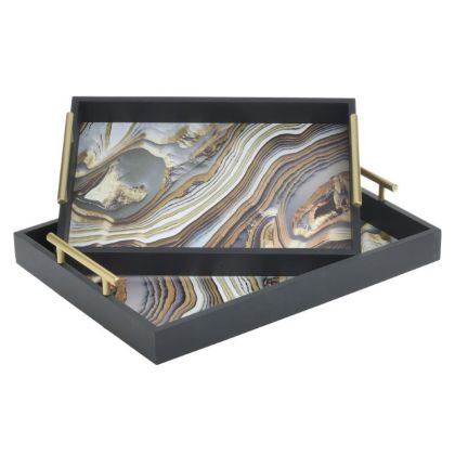 S/2 WOODEN/GLASS TRAY BLACK/GOLDEN 40X30X6