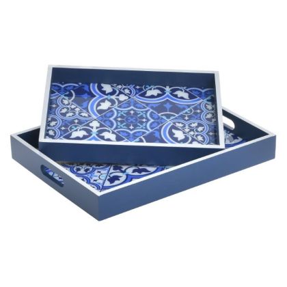 S/2 WOODEN/GLASS TRAY BLUE/WHITE 40X30X6