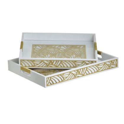 S/2 WOODEN/GLASS TRAY WHITE/NATURAL 40X30X6