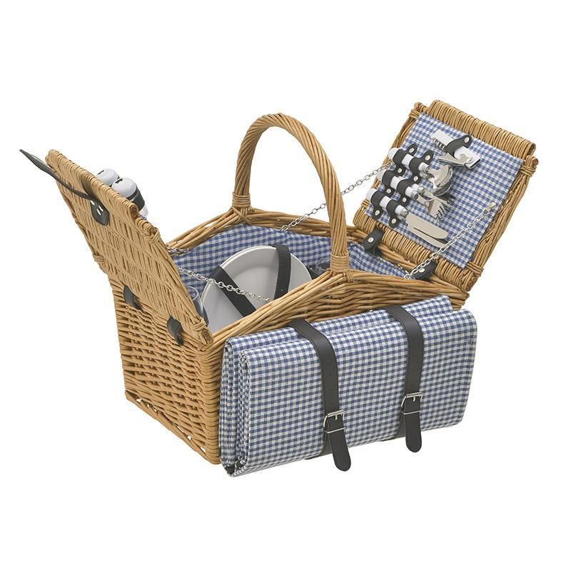 WILLOW PICNIC BASKET FOR 4 NATURAL/BLUE 40X28X20
