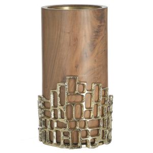  Свещник от алуминий/дърво в антично злато/естествено, размери φ14x26 см 