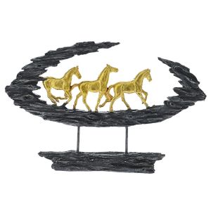 DECO GOLD POLYRESIN HORSES ON A BLACK TREE TRUNK 47X8X30CM