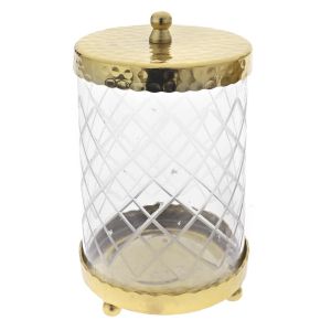 GLASS VASE WITH GOLD METAL BASE AND LID 11X18CM
