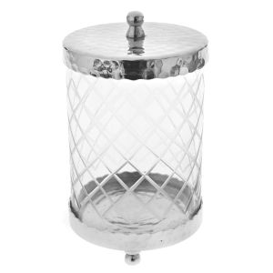 GLASS VASE WITH SILVER METAL BASE AND LID 11X18CM