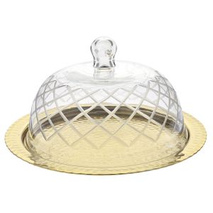 GOLD METAL ROUND PLATE WITH GLASS DOME 30X18CM