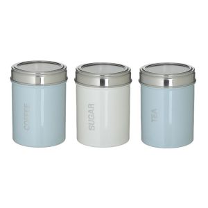 S/3 STAINLESS STEEL COFFEE/SUGAR/TEA JAR WHITE/BLUE Φ9Χ13