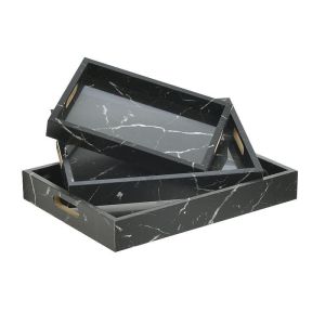 S/3 WOODEN TRAY MARBLE LOOK/BLACK 30X40X6