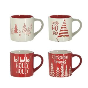 Комплект/4 порцеланови чаши за Коледа, 4 дизайна в червено/бяло, 15x11x10 см