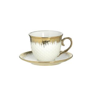 Комплект/6 чаши за чай от порцелан в бяло/златно, 200 мл, φ9x7 см