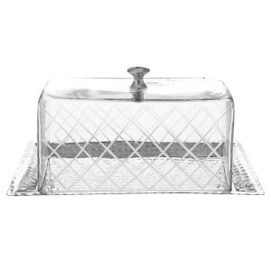 SILVER METAL RECTANGLE TRAY WITH GLASS LID 32Χ18Χ17CM