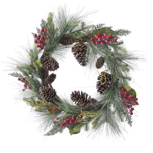  XMAS GREEN WREATH 50CM W RED BERRIESANDPINECONES