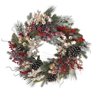  GREEN WREATH WITH CREAM AND RED BERRIES AND PINE CONES 55CM