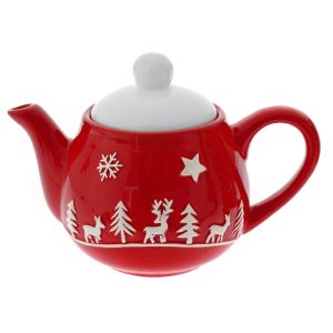 RED CERAMIC TEAPOT WITH CHRISTMAS SCENE  AND WHITE LID 19Χ12Χ12CM