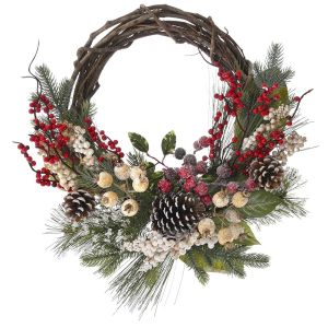  GREEN WILLOW WREATH WITH RED AND GOLD BERRIES AND PINE CONES 45CM
