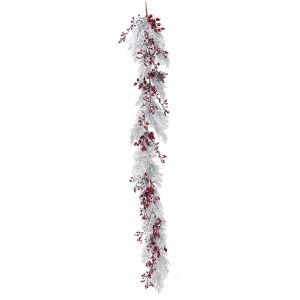  SNOWY GARLAND WITH RED BERRIES AND PINE CONES 180CM
