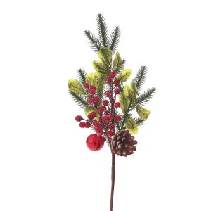  XMAS FROSTED BRANCH W RED BERRIES, BAUBLE AND PINECONES  70CM