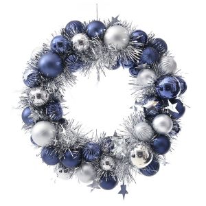 Коледен венец синьо и сребърно 32x32x8см
