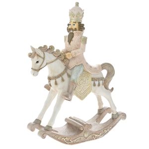  XMAS CREAM AND GOLD POLYRESIN ROCKING HORSE WITH A SOLDIER 23X9X30CM