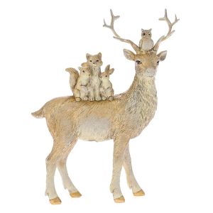  XMAS GOLD POLYRESIN DEER WITH SQUIRRELS STATUE 15X6X20CM