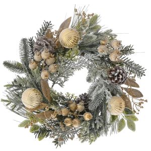  FROSTED WREATH WITH GOLD BERRIES AND BAUBLES 35CM