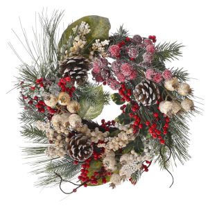  GREEN WREATH WITH CREAM AND RED BERRIES AND PINE CONES 35CM