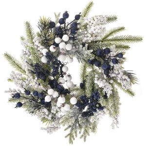  FROSTED WREATH WITH BLUE AND WHITE BERRIES 35CM