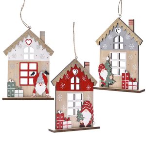  XMAS SET 3 RED WOODEN HOUSE ORNAMENT 12X3X17CM