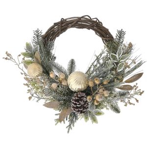  FROSTED WILLOW WREATH WITH GOLD BERRIES AND BAUBLES 45CM