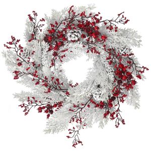  SNOWY WREATH WITH RED BERRIES AND PINE CONES 55CM