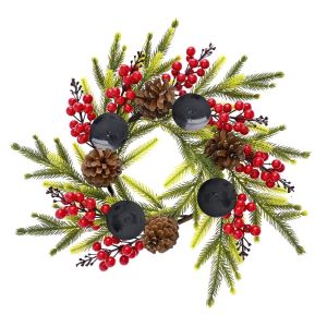   GREEN WREATH WITH BERRIES AND CANDLE HOLDERS 45CM