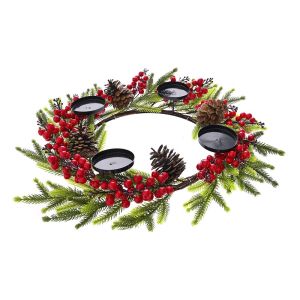   GREEN WREATH WITH BERRIES AND CANDLE HOLDERS 55CM