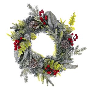  SNOWY CHRISTMAS WREATH WITH RED BERRIES 45CM