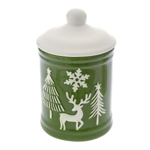  GREEN CERAMIC COOKIE JAR WITH CHRISTMAS SCENE  AND WHITE LID 11Χ11Χ17CM