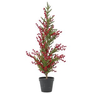 Зелено Коледно Дърво С Червени Плодове В Саксия 120См