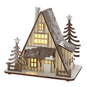  WOODEN LIGHTED HOUSE 18X12X16CM