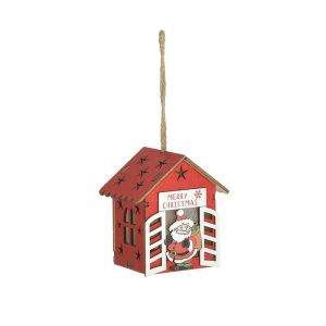 WOODEN XMAS ORNAMENT LED HOUSE RED/NATURAL 7Χ5Χ8