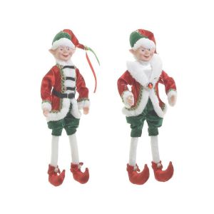 S/2 FABRIC/PL HANGING ELF 2 DESIGNS RED/GREEN H46