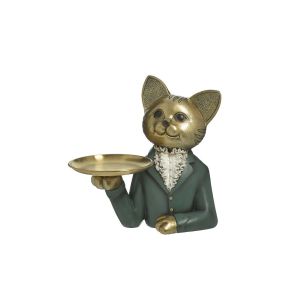 RESIN CAT WITH TRAY GREEN/GOLDEN 20X12X25