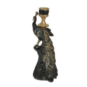 RESIN PEACOCK CANDLE HOLDER BLACK/GOLDEN 13X8X23